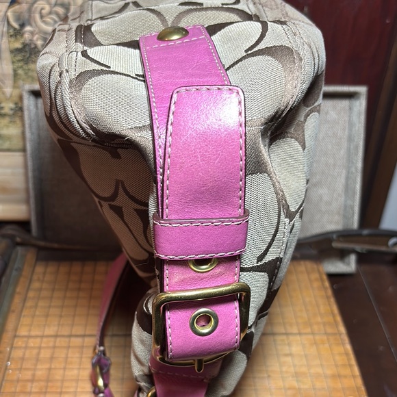 Coach Hobo Shoulder Bag Pink Leather Brown Monogram 12”Wx12”Hx5”W VGUC - Picture 8 of 17